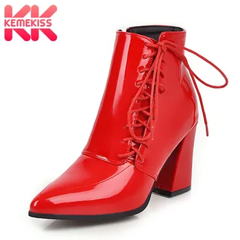 

KemeKiss Solid Color Women Ankle Boots Sexy Lacing Pointed Toe Shoes Women Fashion Light Winter Thick Heel Footwear Size 34-43