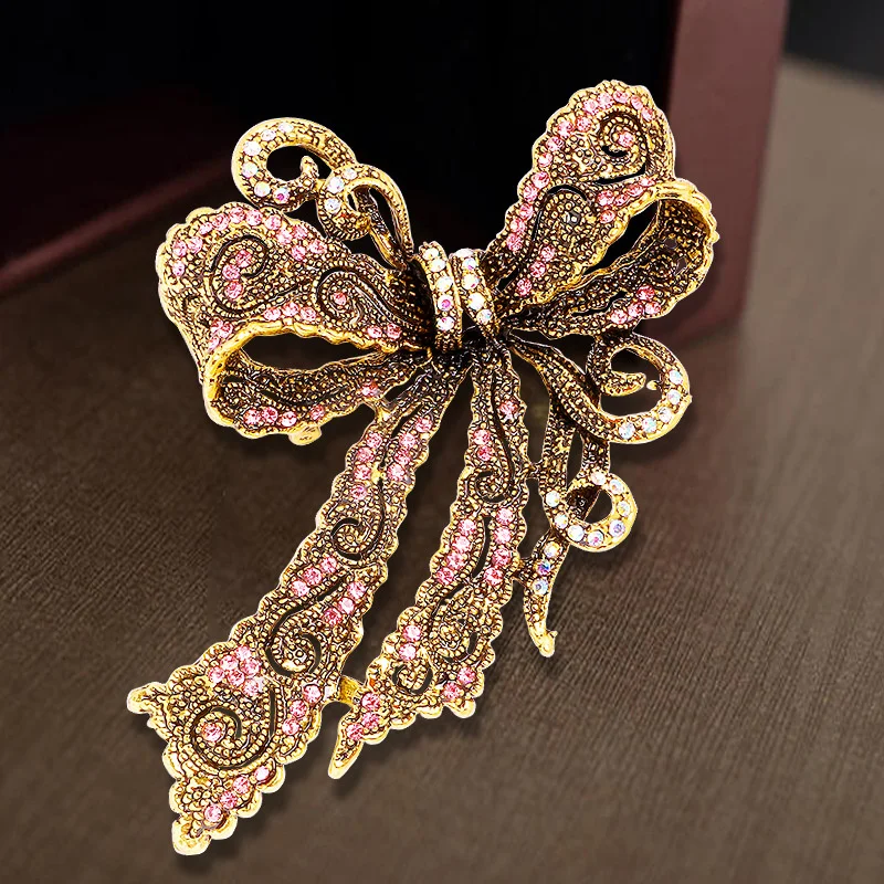 Sliver Gold Color Rhinestone Bow Brooches for Women Large Bowknot Brooch  Pin Vintage Fashion Jewelry Winter Accessories