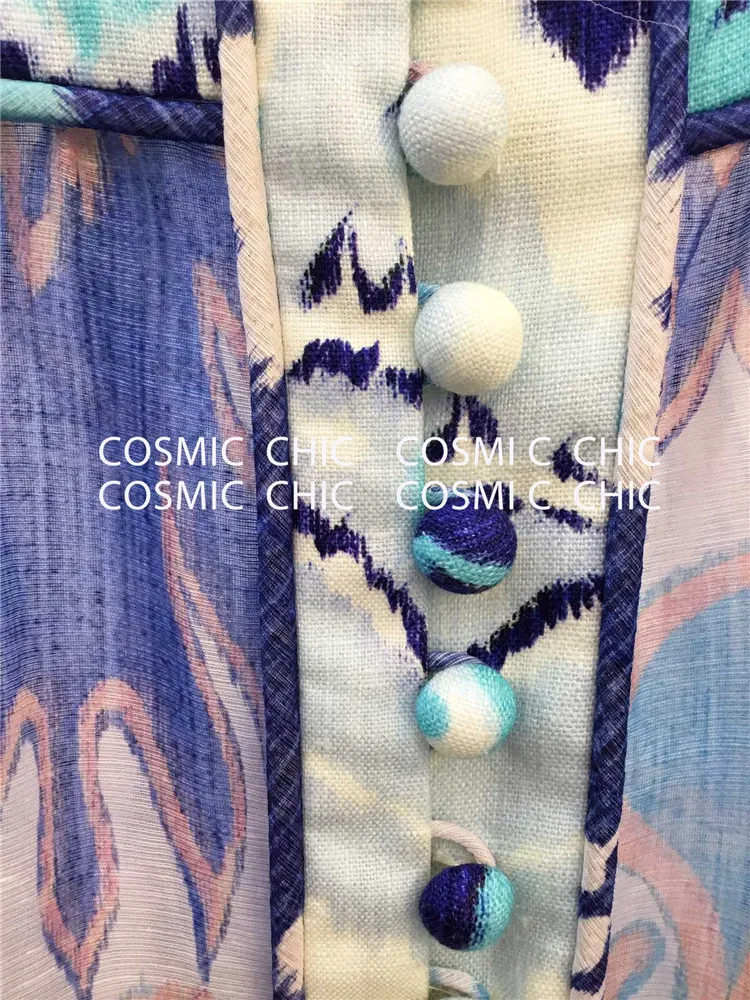 Cosmicchic фонарь с длинным рукавом Бохо льняное короткое платье со стоячим воротником принт рюшами Русалка мини сексуальное винтажное подиумное вечернее платье