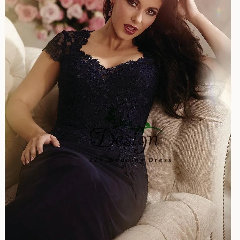navy blue Темно-синий шифон Кружева плиссированная крышка рукава на заказ плюс размер мать невесты платья жениха длинное платье для крестной Матери платья - Цвет: navy blue