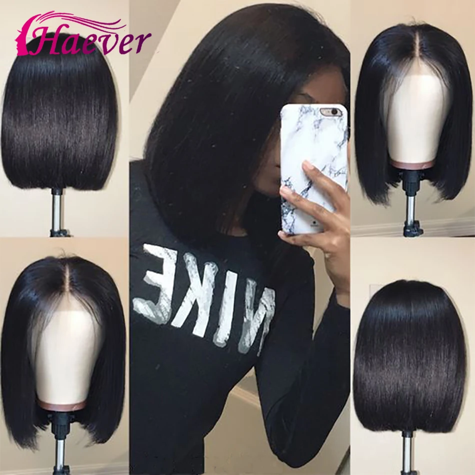 Haever 4x4 Short Bob Wigs Lace Closure Wig Human Hair Wigs Straight Pre Plucked Hairline Baby Hair 150% Brazilian non-Remy Hair