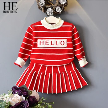 

HE Hello Enjoy Children's Princess Sets New Fashion Girls Elegant Clothing Stripe Suits Kids Top and Skirt 2Pcs Outfits Clothes