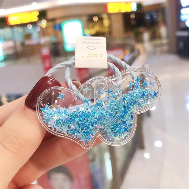 New Cute Crown Star Quicksand Scrunchies Children Girls Kids Elastic Hair Rubber Band Accessories Tie Hair Ring Rope Holder - Color: Blue Heart