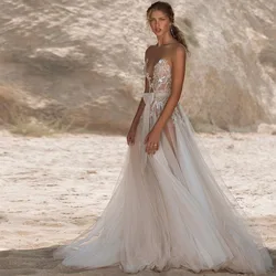 Sevintage Sexy Wedding Dresses V-Neck Illusion Sleeveless Wedding Gown A-Line Princess Bridal Dress Robe De Mariee