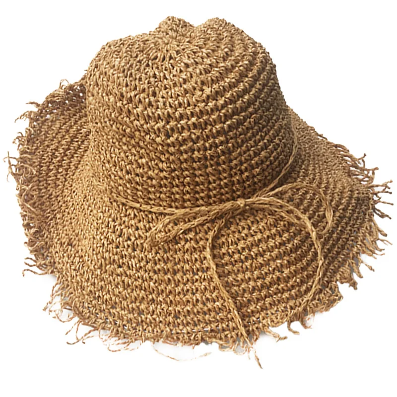 

Summer Hats For Women Femme Foldable Sun Hat Panama Handmade Crochet Straw Hat Large Wide Brim Visor Bone Female Beach Cap Khaki