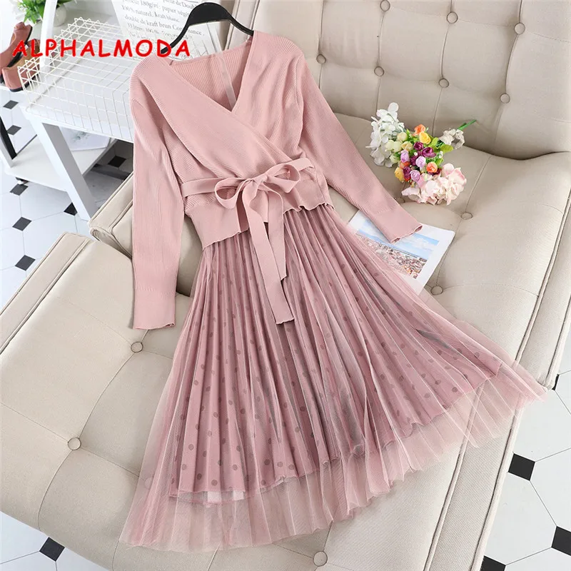 

ALPHALMODA 2019 Autumn New Sashes Sweater + Polka Dot Gauze Skirt Women 2pcs Sweet Outfit V-neck Solid Sweater Dot Skirt Set