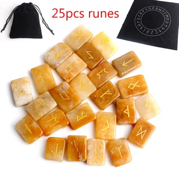 

25Pcs Natural Yellow jade Crystal Rune Square Runes Yellow Stone Divination Fortune-telling Healing Meditation Gift Collection