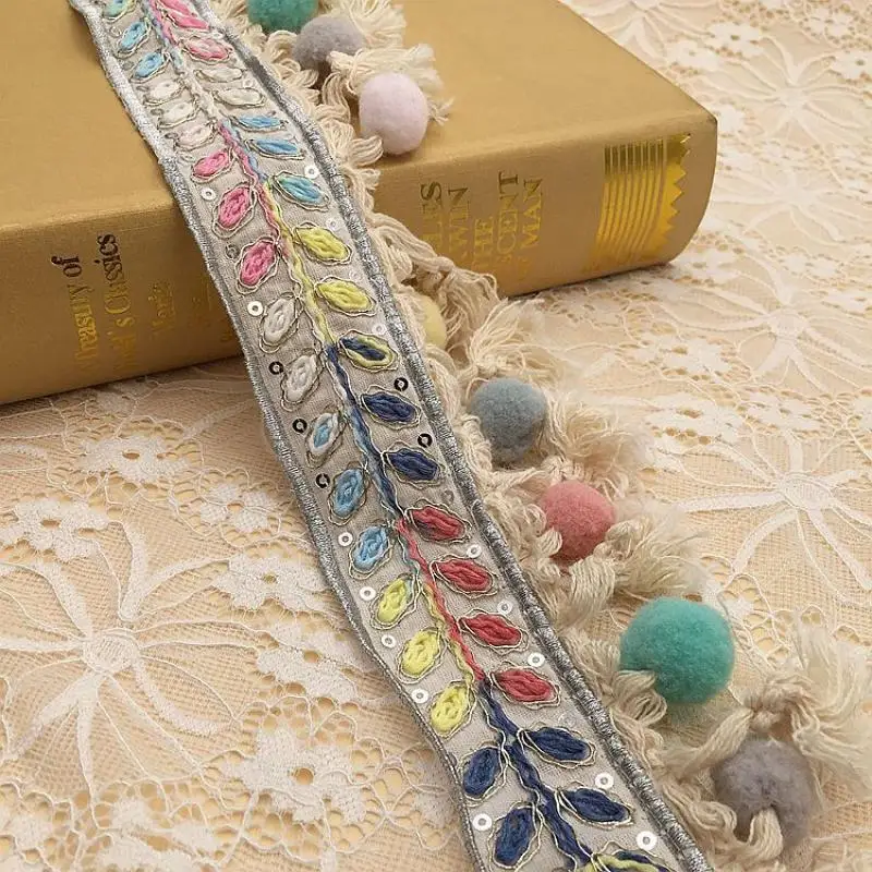 1yards Ethnic Style Embroidered Jacquard Tassel Hairball Lace Ribbon diy Home Textiles Clothes Hat Decoration Accessories ribbon decoration ribbon supplies