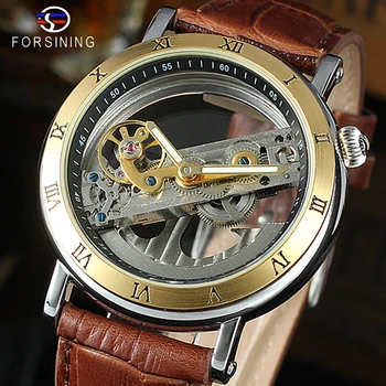 

FORSINING 2020 New Fashion Luxury Top Brand Golden Bridge Skeleton Automatic Brown Leather Strap Men's Watch