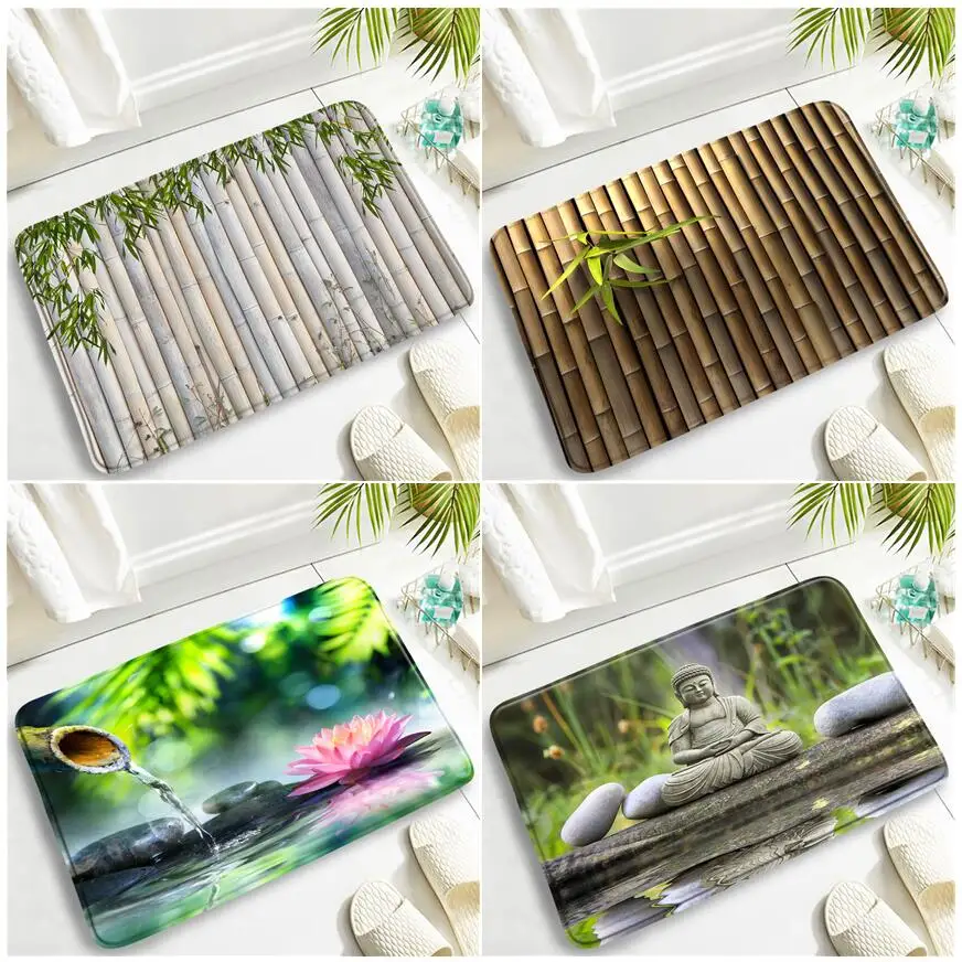 Green Bamboo Leaves Zen Bath Mat S Set Black Stone Orchid Home Door Mat Kitchen Pad Doccia Room Tappeto Antiscivolo Copriwater Tappeto