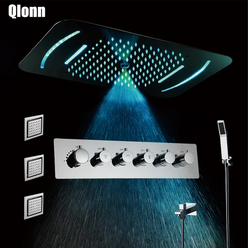 

Mist Rainfall Shower Head LED 5 Functions Light Showerhead Thermostatic Shower Faucet Mixer Embedded Ceiling Mounted Shower Set