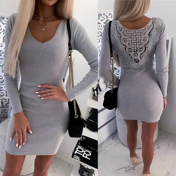 

Womens Back Hollow Long Sleeve Slim Fit Bodycon Mini Dress Evening Party Club Dress Jumper Top UK STOCK