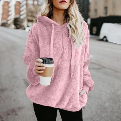 Women's Autumn Winter Suede Long-sleeve Hoodies Loose Casual Velour Hoodies Pullover Sweatshirt Large Size Sherpa Pink Clothes