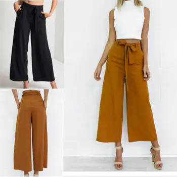 

Fashion Womens Palazzo Pants Culottes Loose High Waist Wide Solid Leg Long Trousers Solid Summer Autumn