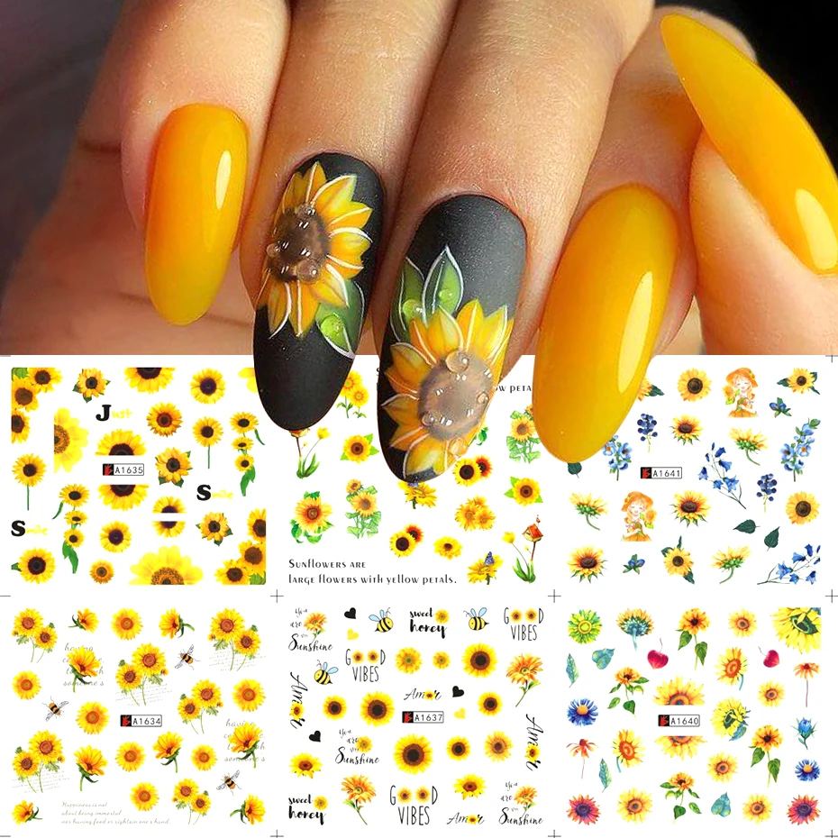Self Adhesive Sunflower Nail Stickers Blossom Florals Nail Art Transfer  Foils Sliders For Nails Water Decals Decoration Manicure|Stickers & Decals|  - AliExpress