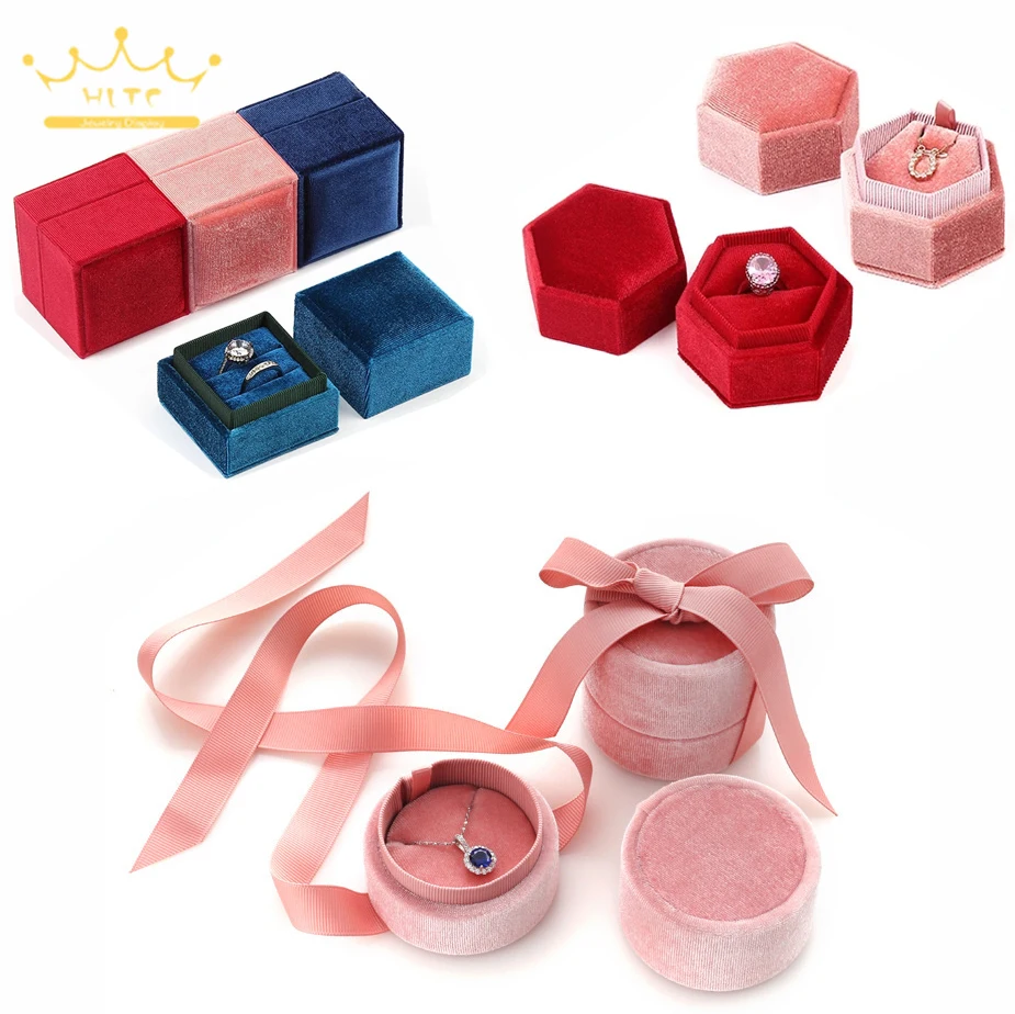

Multiple Shape Velvet Jewelry Box Double Ring Storage Box Wedding Ring Display for Woman Gift Earrings Packaging