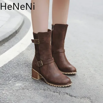

Brand Fashion Boots Women Low Heels Buckle Cowboy Mid-Calf Boots Round Toe Casual Platform Shoes winter botas mujer Size 33-43