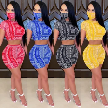 

Bandana Print 2 Piece Set Women O Neck Short Sleeve Tie Tracksuit