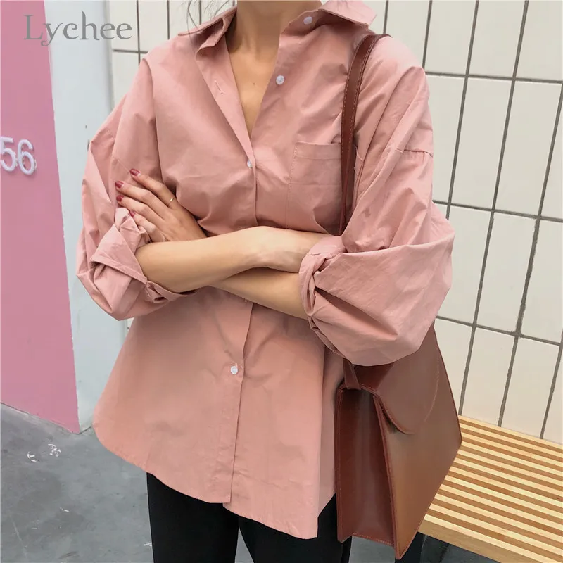 Lychee Harajuku, одноцветная женская рубашка, топ, повседневная, свободная, на пуговицах, с карманом, женские блузки, пуловеры, весна-осень, женские Рубашки, Топы