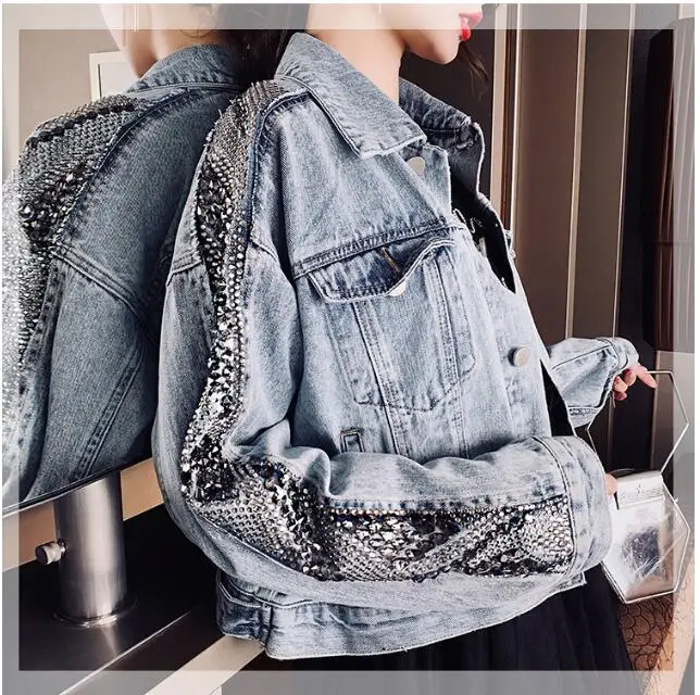 Синий Крутые Заклепки длинный рукав с бисером Женское пальто отложной воротник женская джинсовая куртка пальто осенняя Женская куртка-бомбер - Цвет: Синий