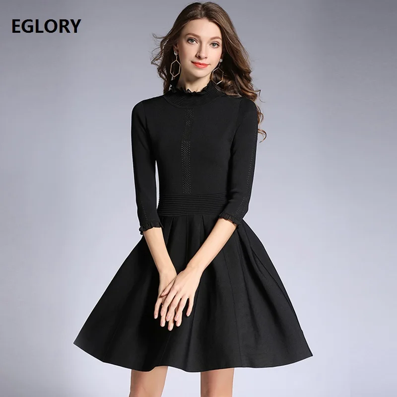 Осенне-зимнее модное платье-свитер, высокое качество, женский воротник с оборками, 3/4 рукав, большие качели, повседневное розовое черное трикотажное платье - Цвет: black