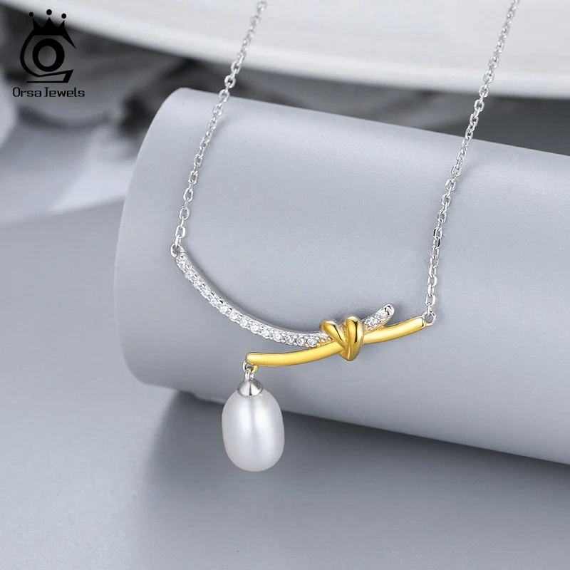 ORSA JEWELS 8*10mm White Natural Freshwater Pearl Pendants Necklaces 925 Silver Gold Plated Knot Zirconia Clavicle Chain GPN01 - Image 2