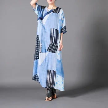 

Women Round Neck Loose Patchwork Robe Dresses 2020 Summer Vintage Print Half Sleeve Cotton Linen Irregular Dresses
