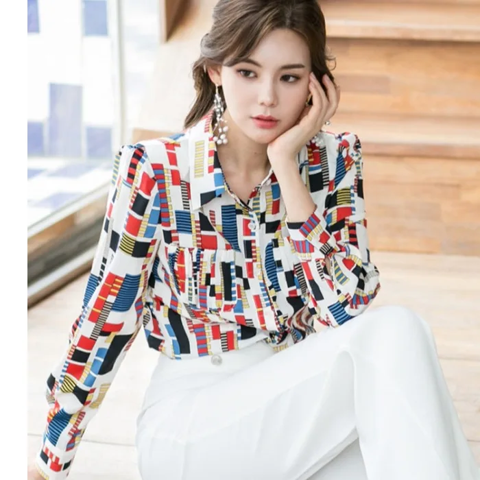 

CINESSD The Sexy Office Blouse Render Tops Women Autumn Rayon Elegant Print Plaid Long Sleeve Notched Shirt Joker Spot Tops