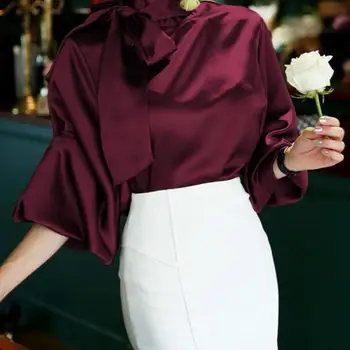 

White Elegant Women Blouse Fashion Casual High Collar Lantern Sleeve Blusas Solid Bow Tops Ol Office Lady Shirt