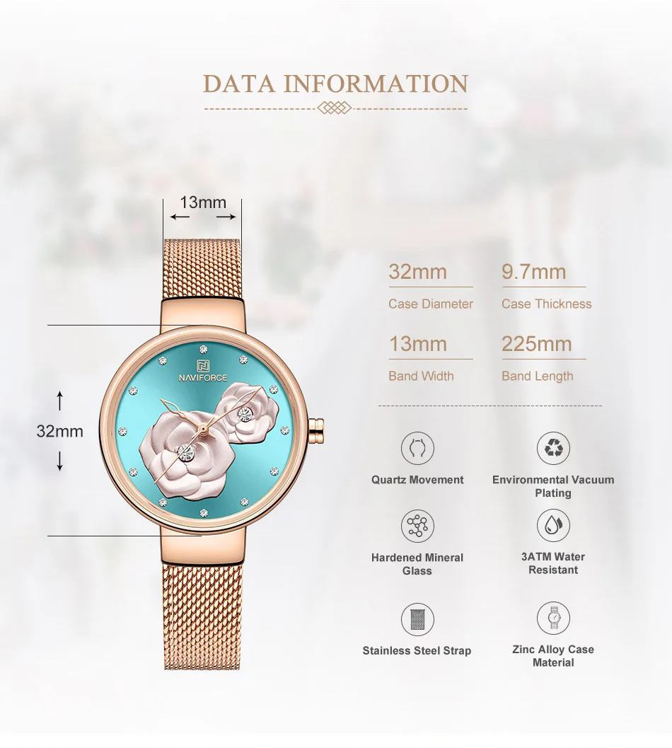 NAVIFORCE, роскошные повседневные женские часы, водонепроницаемые, розовое золото, сталь, сетка, кварцевые, для женщин, модные, под платье, часы, Relogio Feminino, с цветами