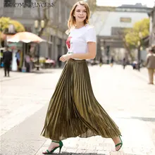 HITOM принцесса мода металлик серебро макси юбка для женщин длинные плиссированные юбки Винтаж корейский Эластичный Высокая талия юбка для женщин Saias