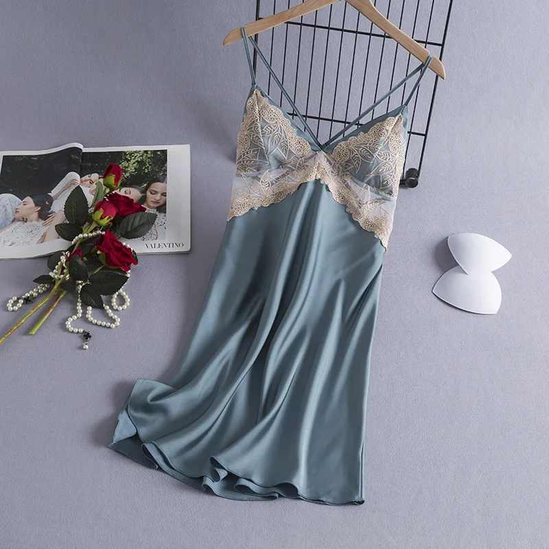 

Satin Mini Nightgown Women V-neck Sleep Dress Summer Silky Nightdress Sleeveless Nightwear Spaghetti Strap Sleepwear Home Dress