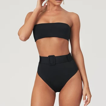

Sexy Off Shoulder High Waist Bikini 2019 Solid Color Bandeau Bikinis Set Swimwear Female Two Pieces Swimsuit Women Bathing Suit