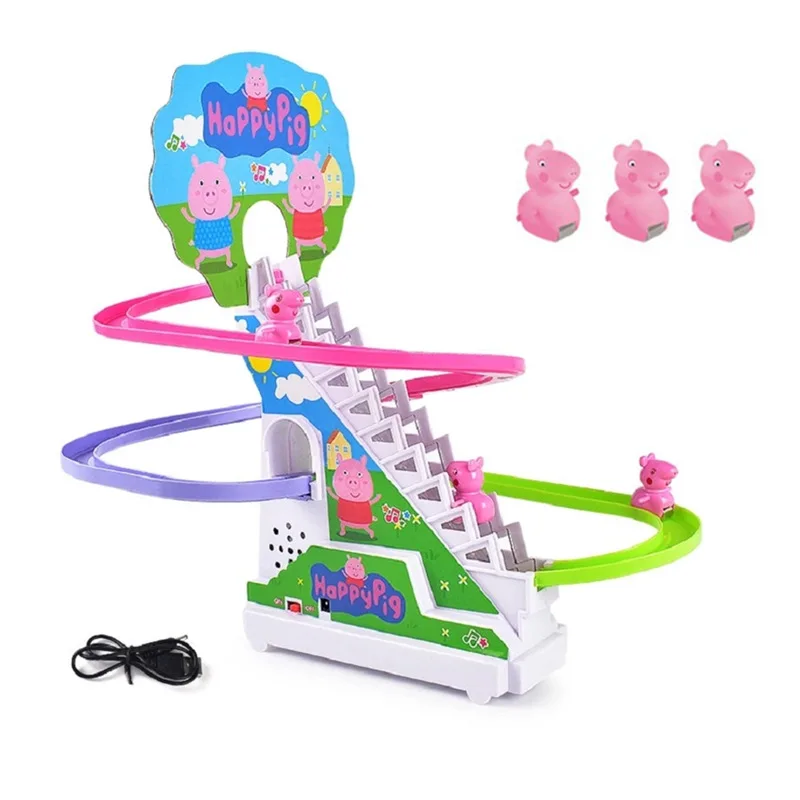 

Peppa Pig George Toy Set Track Sound Light Climbing stairs Splice Electronic Slide Action Figures Model Toy for Children Gift