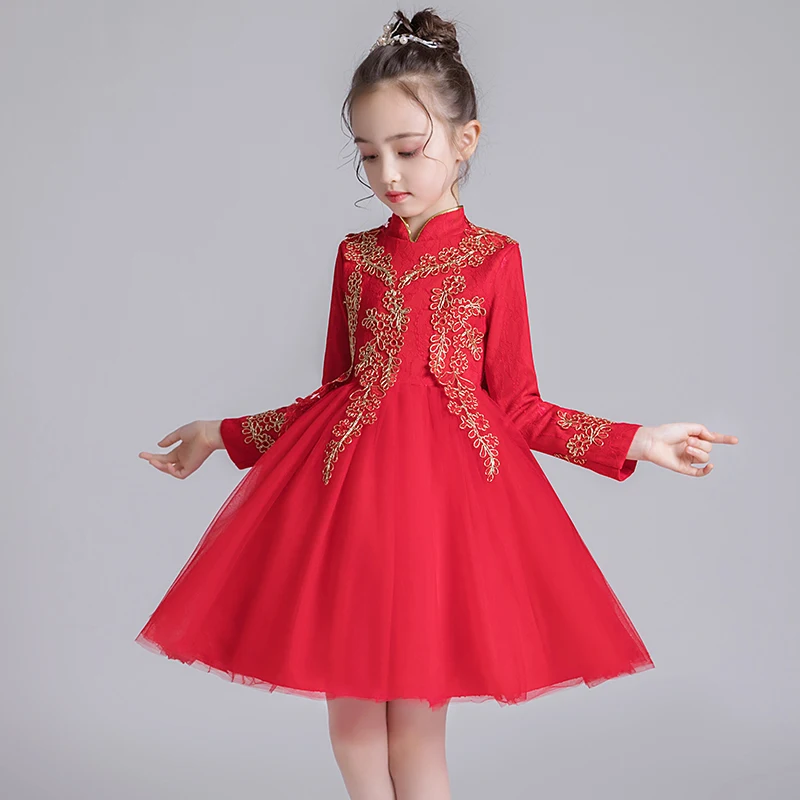 

Girls princess dress 2019 autumn and winter models long-sleeved Chinese style cheongsam skirt red costumes children's wear