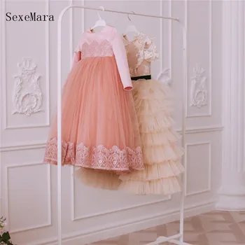 

Pink Little Girls Dress For Party Girl Formal Birthday Party Dress Long Sleeve Princess Gown Photogragh with Bow