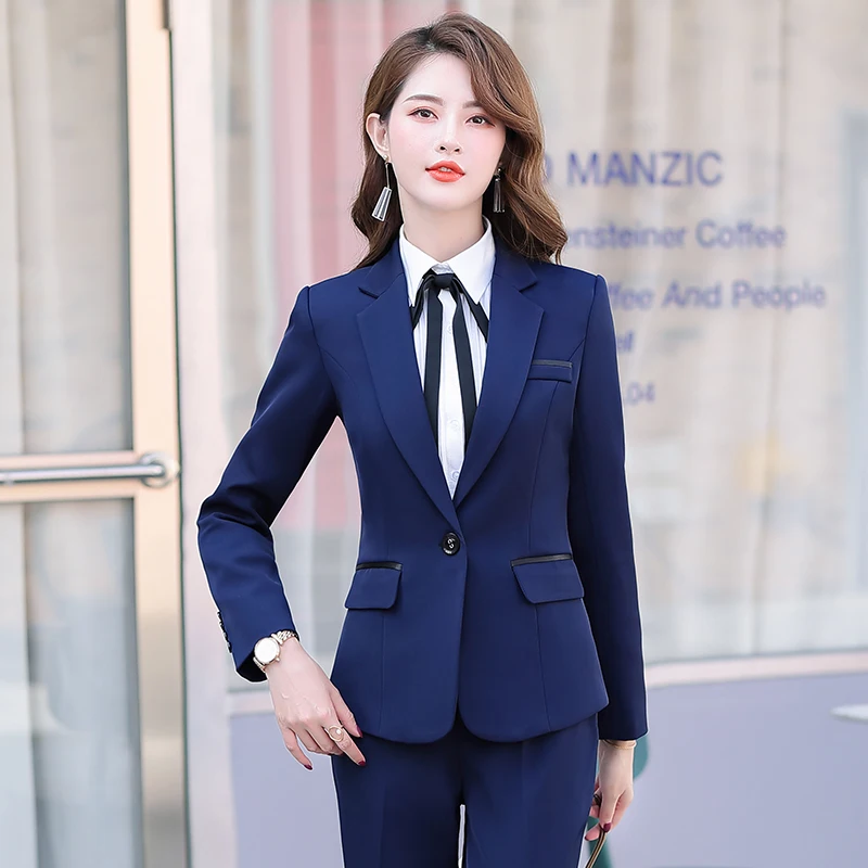 

Fashion Business Pants Suit Uniform Formal Single Button Coat and Trousers Black/Blue Suit Jacket Suit Women OL 2 Two-piece Suit