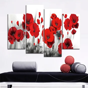 

4 Panel Canvas Pictures Wall Art Poster Framework Abstract Red Flower Home Decor Canvas Paintings