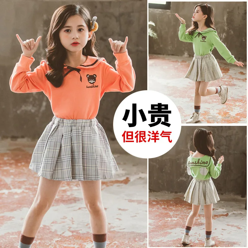 

Girls' Skirt Set 2020 Spring New Style Korean-style GIRL'S Peter Pan Collar Cartoon Sweater Fashion Plaid Skirt Two-Piece Set