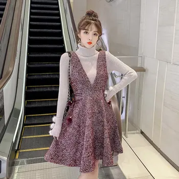 

2019 autumn and winter new French waist-waist hair wool strap dress two-piece suit