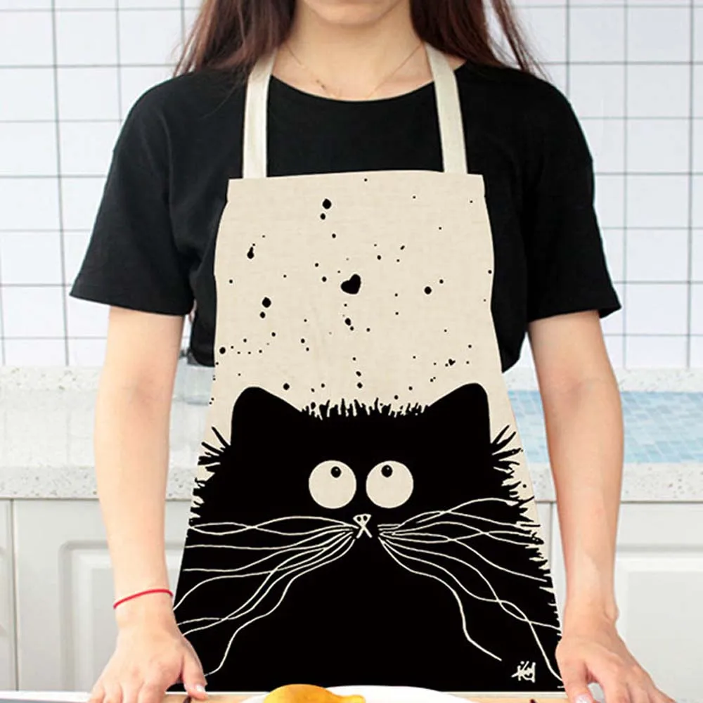 Kitchen Apron Cute Cartoon Cat Printed Sleeveless Cotton Linen Aprons for Men Women Home Cleaning Tools