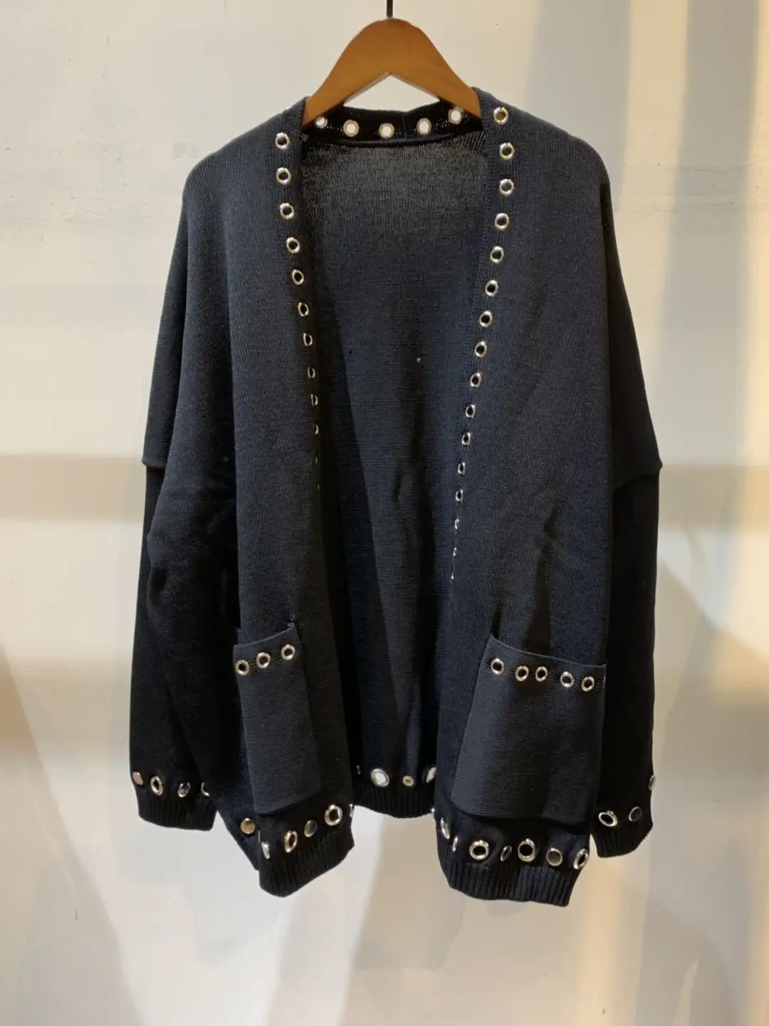 

Women Sweater 2020 Spring and Summer New Solid Color Loose Version Metal Eyelet Trim Knit Cardigan