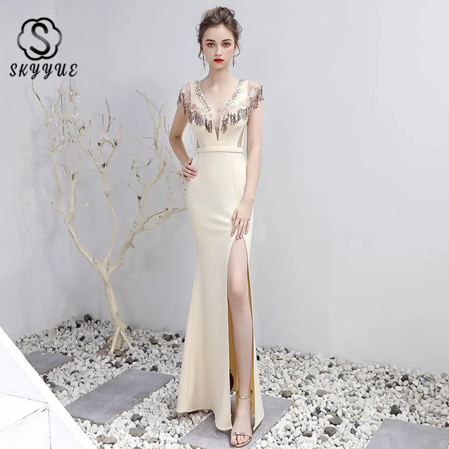 

Skyyue V-neck Sleeveless Mermaid Formal Dress Evening Dresses 2019 New Crystal Sequin Beading Robe De Soiree Evening Gown HH123