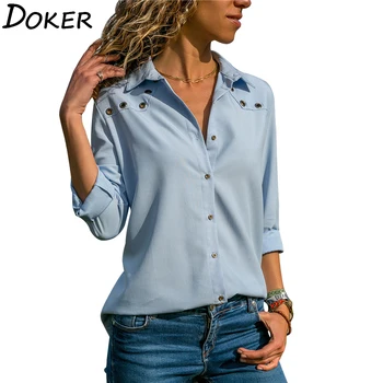 

Women Blouses Spring Long Sleeve Turn-down Collar Chiffon Blouse Shirt Elegant Solid Color Blouse Office Shirts Cardigan Tops