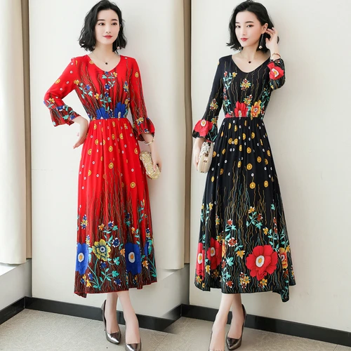

2019 Spring Summer Fashion Printed Women Dress New Style Lotus Leaf Edge Seven-minutes Sleeve Female Elegant Temperament Dresses