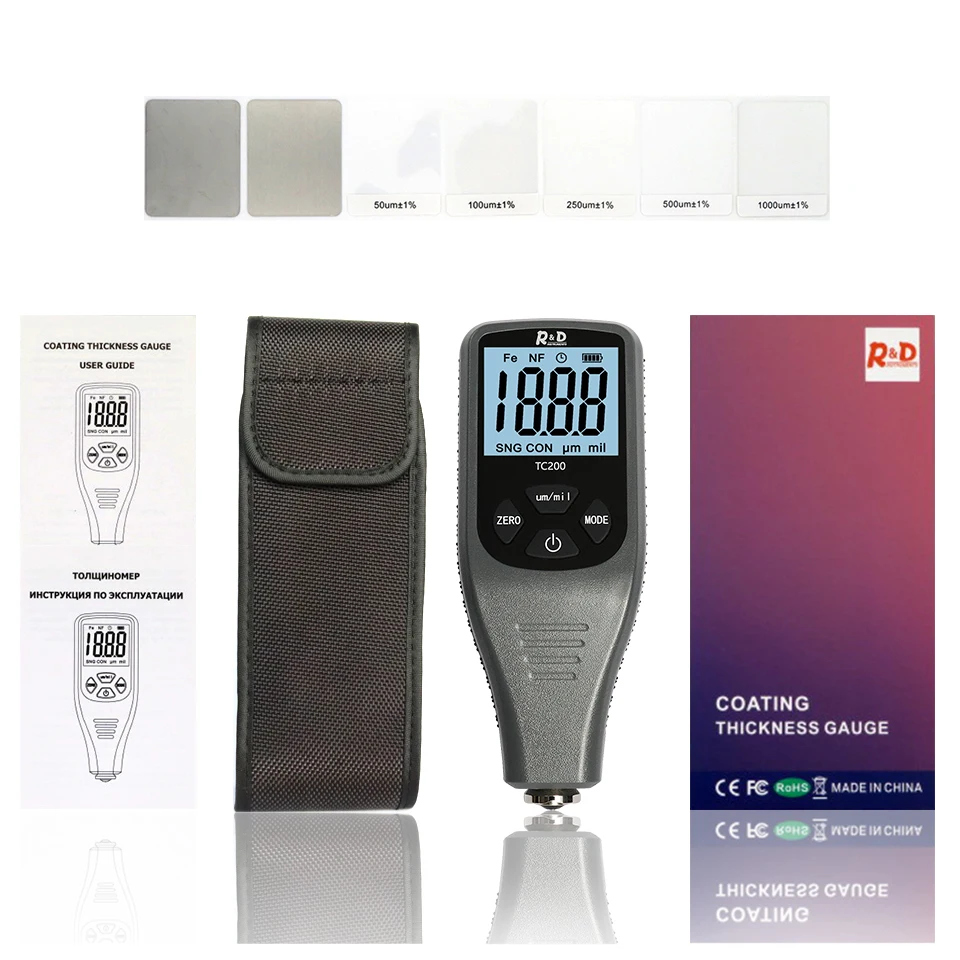 R&D TC200 Grey Car Paint Coating Thickness Gauge 0.1um/0-1500 Car Paint Film Thickness Tester Measuring FE/NFE & Russian Manual paint coating meter paint thickness gauge thickness gauge