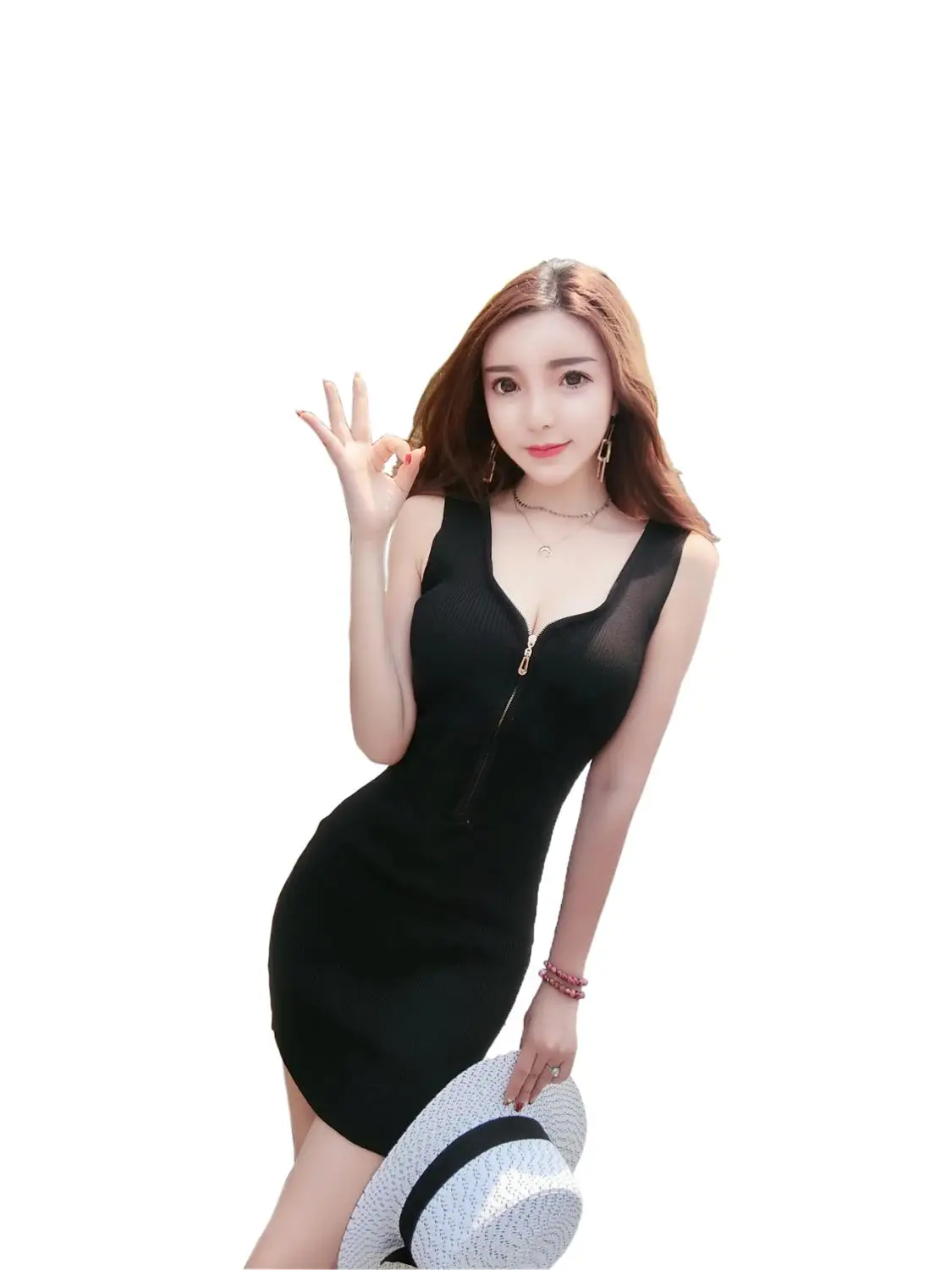 

C1764 2019 new summer women Sexy socialite sleeveless front and rear zipper double V collar knit versatile dress cheap wholesale