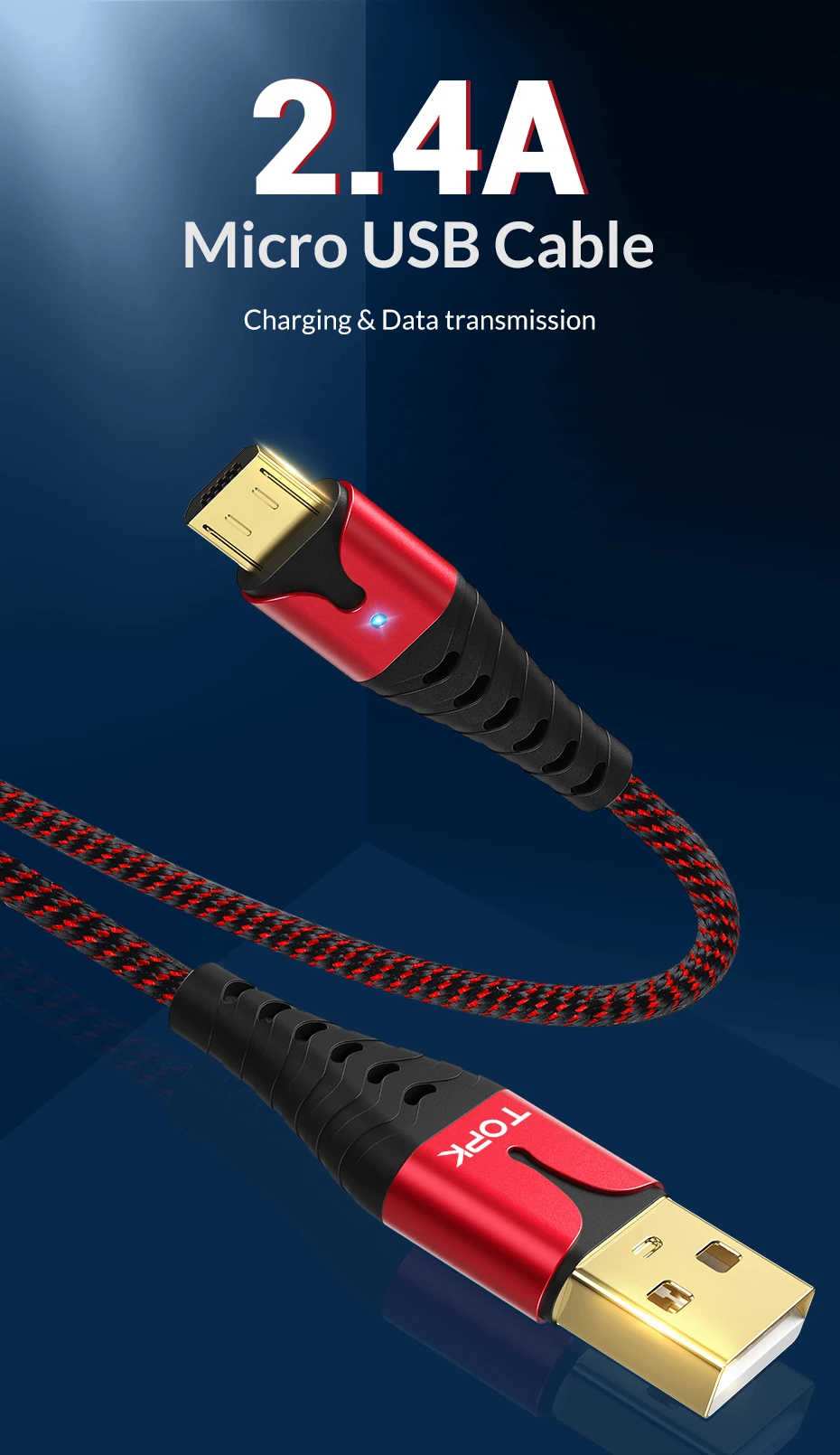 TOPK светодиодный Micro USB кабель для быстрой зарядки для Xiaomi Redmi Note 5 Pro Android кабель для передачи данных для мобильного телефона для samsung S7 Micro зарядное устройство