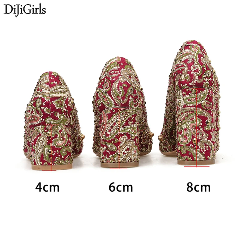 Красные туфли женские свадебные на каблуке стразы заклепки туфли-лодочки 5 см 7 9