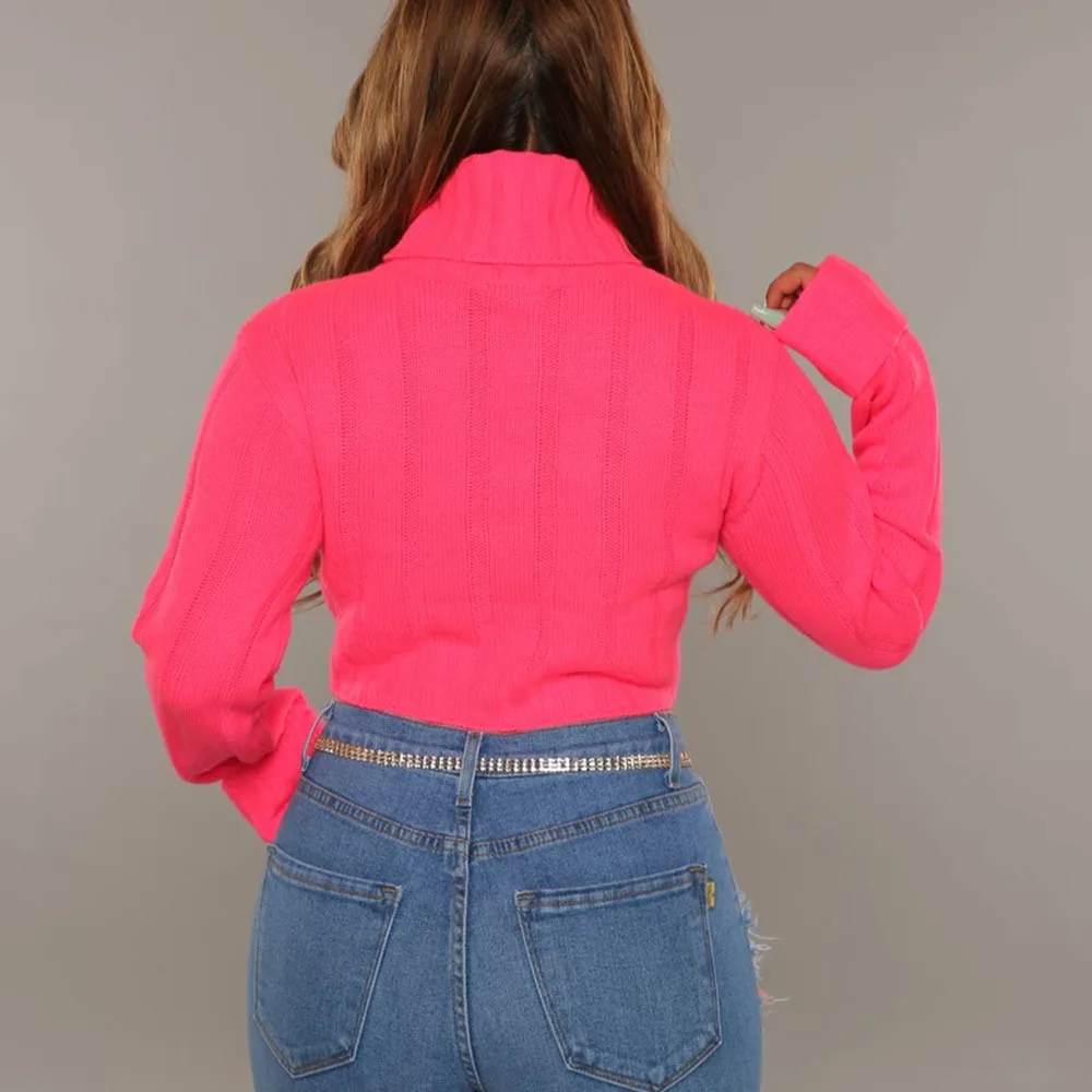 BKLD неоновый оранжевый ярко-розовый осенний зимний модный женский джемпер с высоким воротом и длинным рукавом, женский сексуальный короткий однотонный вязаный пуловер